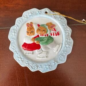 VTG Jasco 1980s Handpainted Snowflake Greetings Ornaments Skating Bunnies 3”